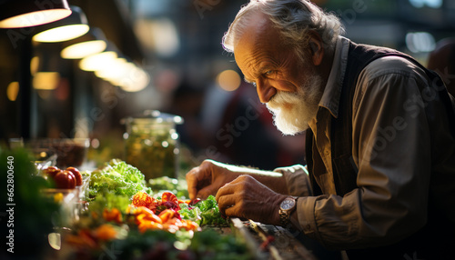 Senior man preparing healthy salad with fresh organic vegetables indoors generated by AI