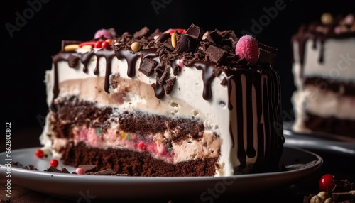 Indulgent chocolate cake slice with whipped cream and fruit decoration generated by AI
