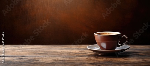 Coffee cup on wooden table in a still life composition With copyspace for text photo