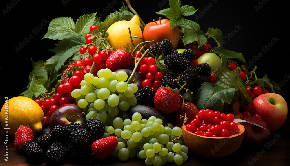 Freshness of nature bounty grape, strawberry, raspberry, tomato, orange, apple generated by AI Freshness of nature bounty grape, strawberry, raspberry, tomato, orange, apple generated by AI