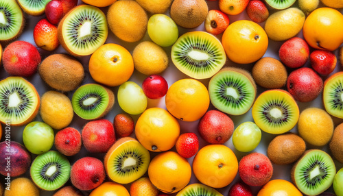 Vibrant collection of juicy  ripe  multi colored fruits on green background generated by AI