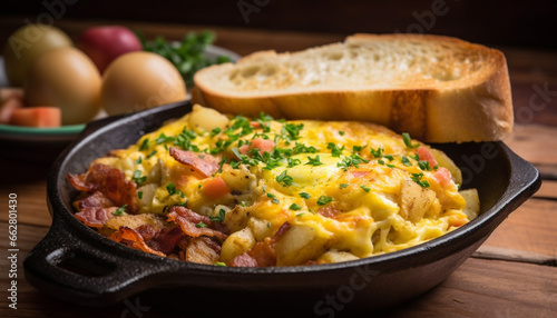 Healthy homemade meal: Scrambled eggs, bacon, and prepared potato casserole generated by AI