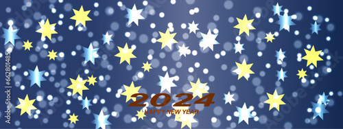 Abstract background with blue stars, bokeh holiday concept and celebration background. Blue light shine stars particles bokeh on navy blue background. Happy New year 2024 background. 