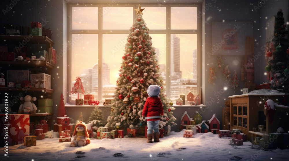 child near Christmas tree in a large living room