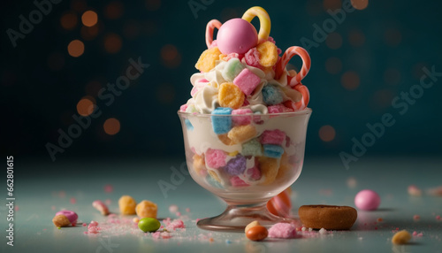 Sweet food decoration on table: chocolate, candy, marshmallow, fruit, ice cream generated by AI