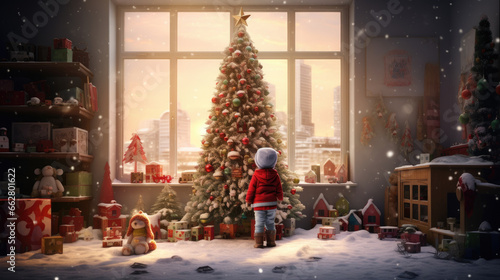 child near Christmas tree in a large living room