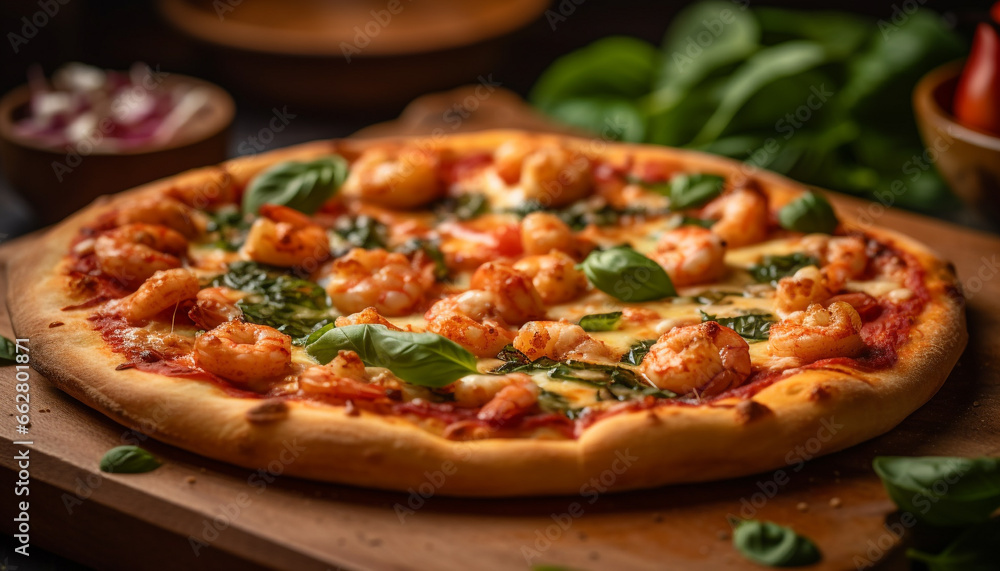 Freshly baked rustic pizza with mozzarella, tomato, and herbs generated by AI