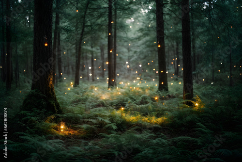 A dreamy forest with glowing fireflies