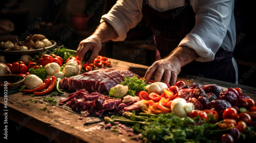 Selective focus on hands of a chef preparing kebab with peppers, vegetables and herbs, preparing dishes in traditional Turkish or Oriental cafe, idea for design of banner or advertising in restaurant