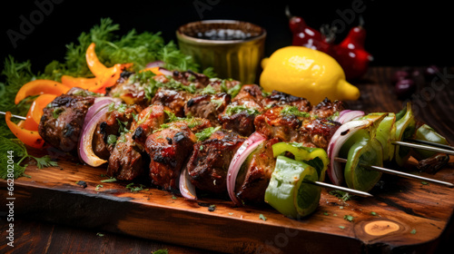 Shish kebab with peppers, vegetables and herbs on a wooden board, tasty and healthy food in traditional Turkish or Oriental cafe, selective focus, dark background idea for menu design in a restaurant
