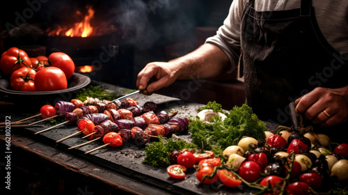 Chef preparing shish kebab with peppers, vegetables and herbs, cooking meat in a traditional Turkish or Oriental cafe, selective focus, idea for banner design or advertising in restaurant