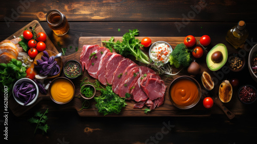 Sliced meat and fresh vegetables on a wooden table, the process of preparing meat dishes in a traditional Turkish cafe, creating menus and recipes for dishes in a restaurant and cafe