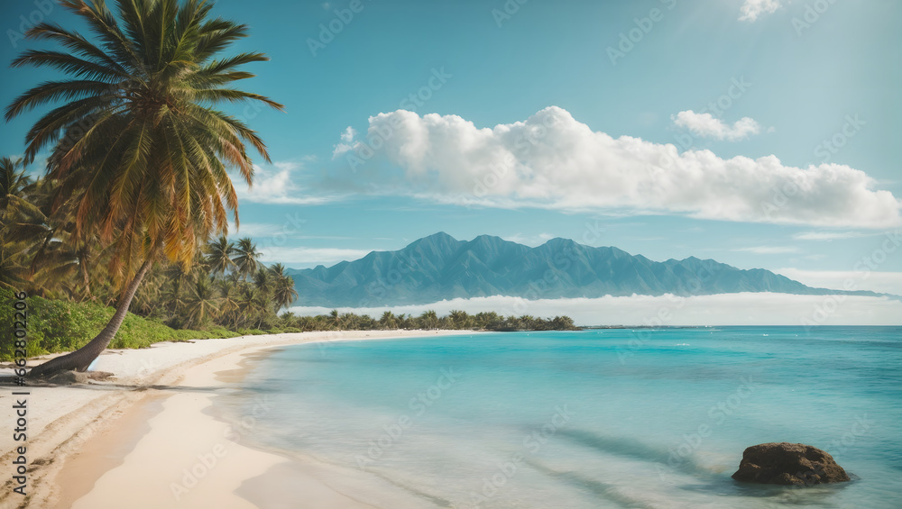Fototapeta premium A serene beach scene with palm trees and crystal-clear blue water