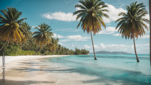 A serene beach scene with palm trees and crystal-clear blue water