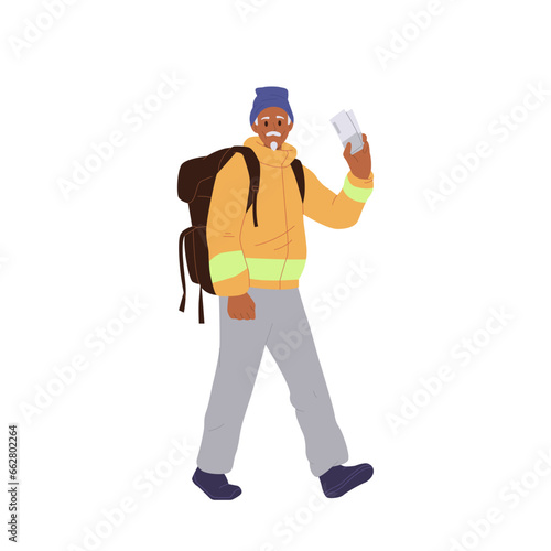 Senior man traveler backpacker cartoon character enjoying trip adventure on pension vacation