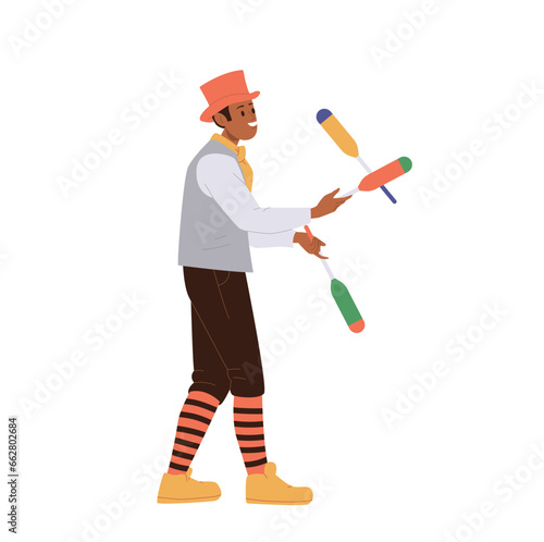 Man juggler character perfuming amusement entertainment with clubs isolated on white background