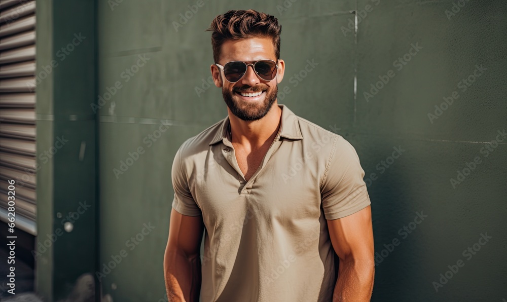 A captivating sight, the handsome man's bearded face lights up behind his stylish sunglasses. - obrazy, fototapety, plakaty 