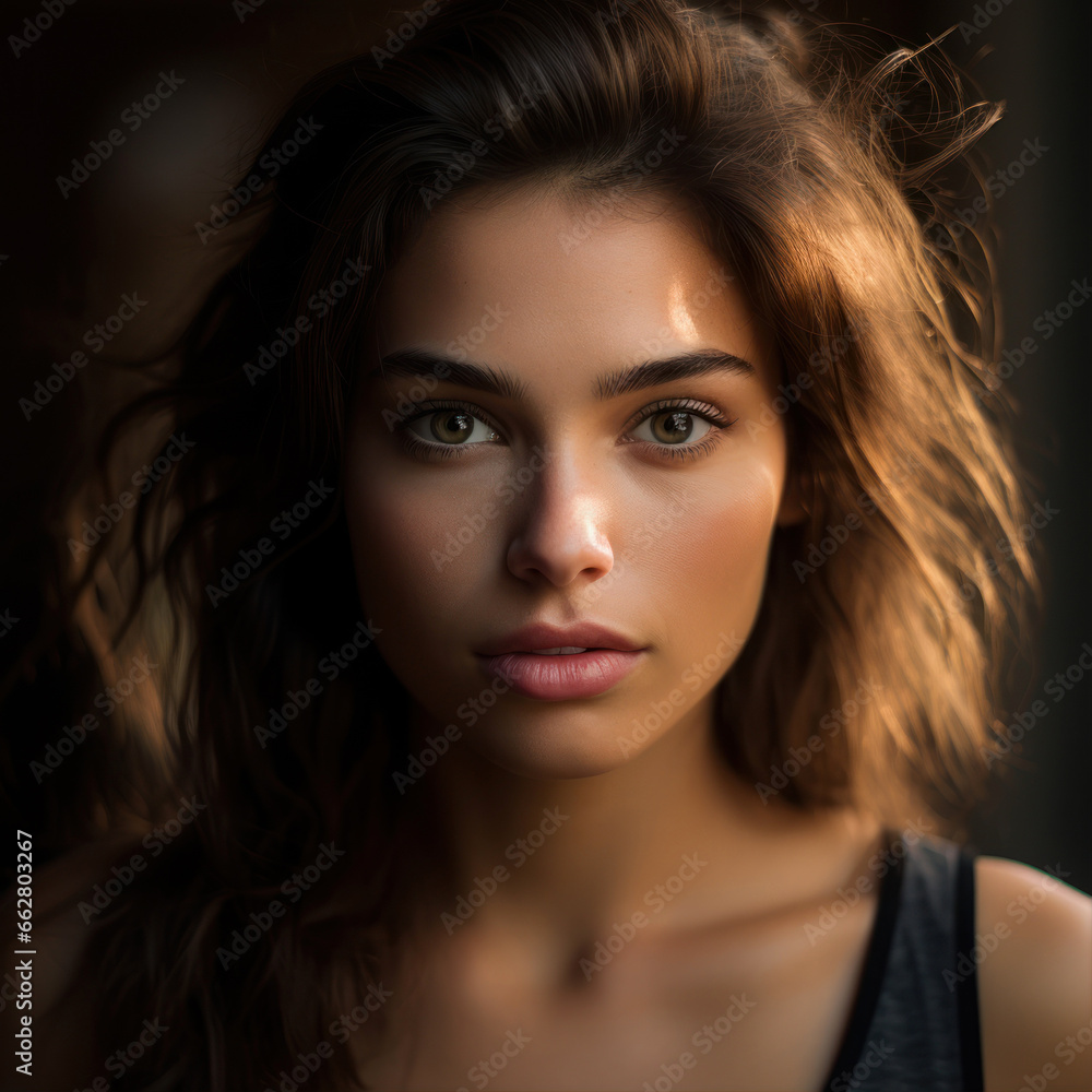 Portrait of a beautiful young woman with long brown curly hair. Portrait of a beautiful young woman with long brown curly hair.