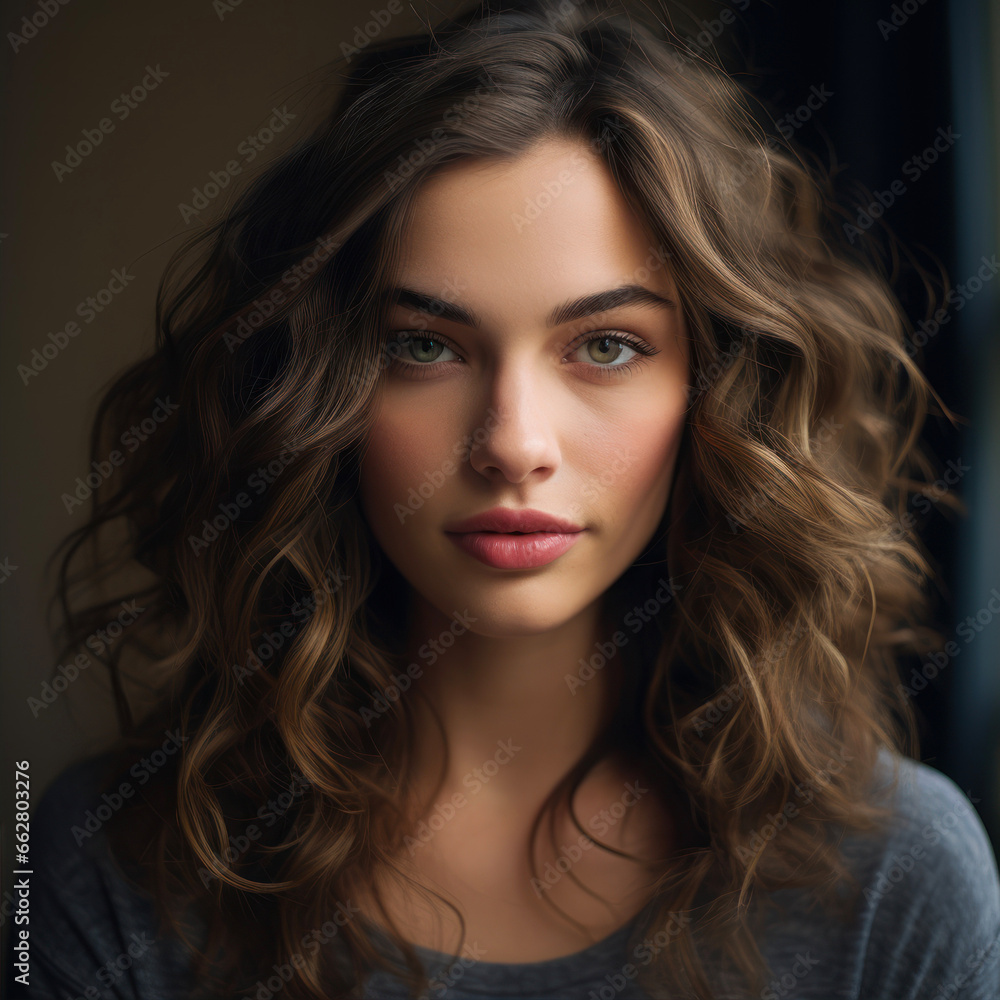 Fototapeta premium Portrait of beautiful young woman with curly hair looking at camera.