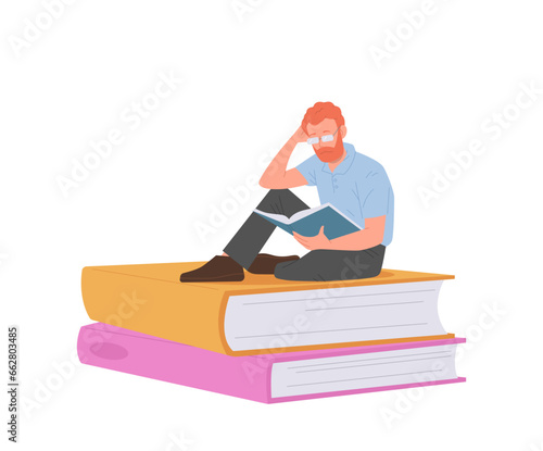 Young intelligent man character reading book, enjoying self-development and improving knowledge