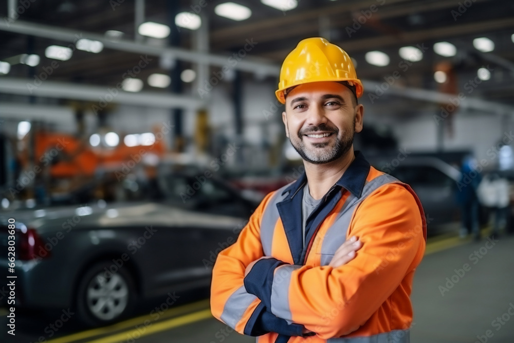 male engineer wear safety helmet cross his arms smiling to camera in industrial factory. male engineer wear safety helmet cross his arms smiling to camera in industrial factory.