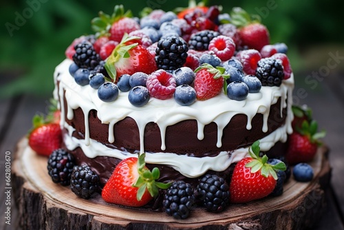 beautiful chocolate cake with white icing decorated with bed and forest fruit toppings: strawberry, raspberry, and blueberry. Generative AI