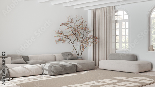 Scandinavian nordic living room in white and beige tones. Velvet sofa with pillows and carpet, potted tree and decors. Minimalist modern interior design