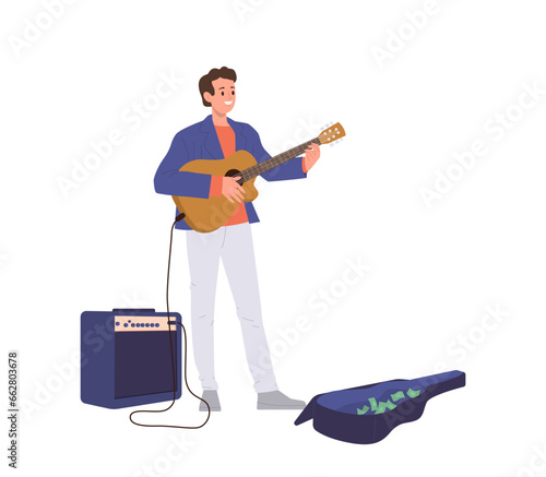 Musician street artist playing acoustic romantic melody on guitar singing song isolated on white