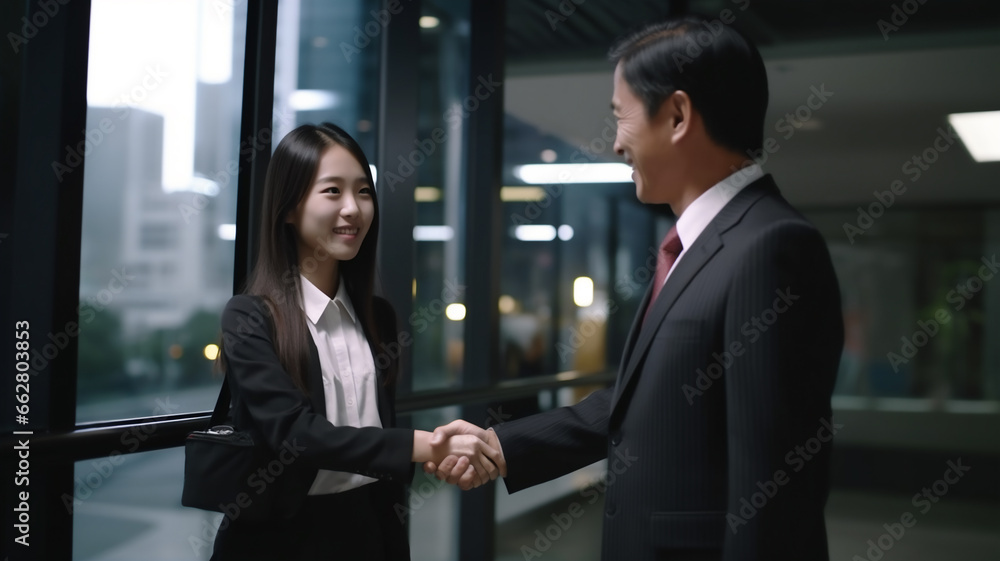 Teenage girl experiencing her first job offer, a moment of a handshake with her new manager in a modern office. Signing contracts, thank you of a corporate worker in a office. Recruit at job interview Teenage girl experiencing her first job offer, a moment of a handshake with her new manager in a modern office. Signing contracts, thank you of a corporate worker in a office. Recruit at job interview