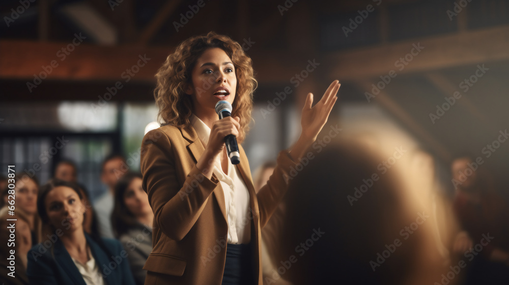 Empowering other colleagues in workplace, engaging and dynamic presentation to audience. The corporate setting highlights her professionalism and leadership. Motivational speaker performing on stage. - obrazy, fototapety, plakaty 