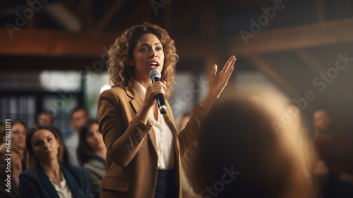 Empowering other colleagues in workplace, engaging and dynamic presentation to audience. The corporate setting highlights her professionalism and leadership. Motivational speaker performing on stage. photo