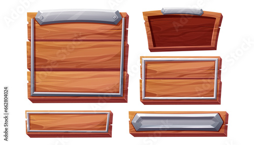 Set Wood panel with metal border, frame menu in cartoon style isolated on white background. Signboard bar, template, game ui background.
