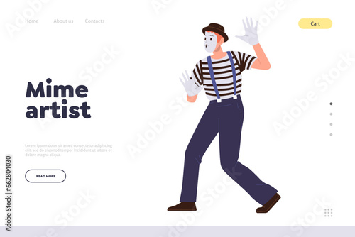 Landing page template advertising mime artist street performance for people joyful entertaining