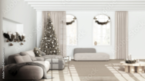 Blurred background, minimal modern living room with parquet and vaulted ceiling, Velvet sofa and carpet. Christmas tree and decors, winter, new year interior design