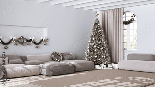 Christmas tree and presents in scandinavian living room with sofa and carpet. Parquet and vaulted ceiling, White and gray modern minimalist interior design