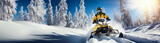 Man in yellow tracksuit driving snowmobile in the snowy forest in Lapland, Finland