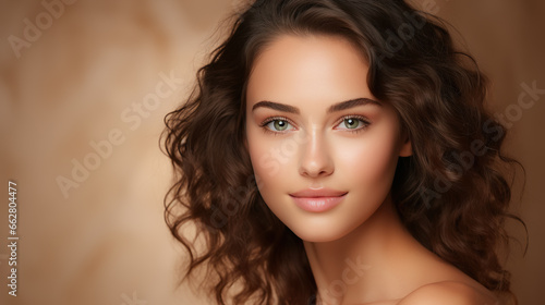 Skincare, Woman with beautiful face healthy facial skin, Fascinating , portrait of confident girl model with natural makeup enjoys glowing hydrated skin on beige background.