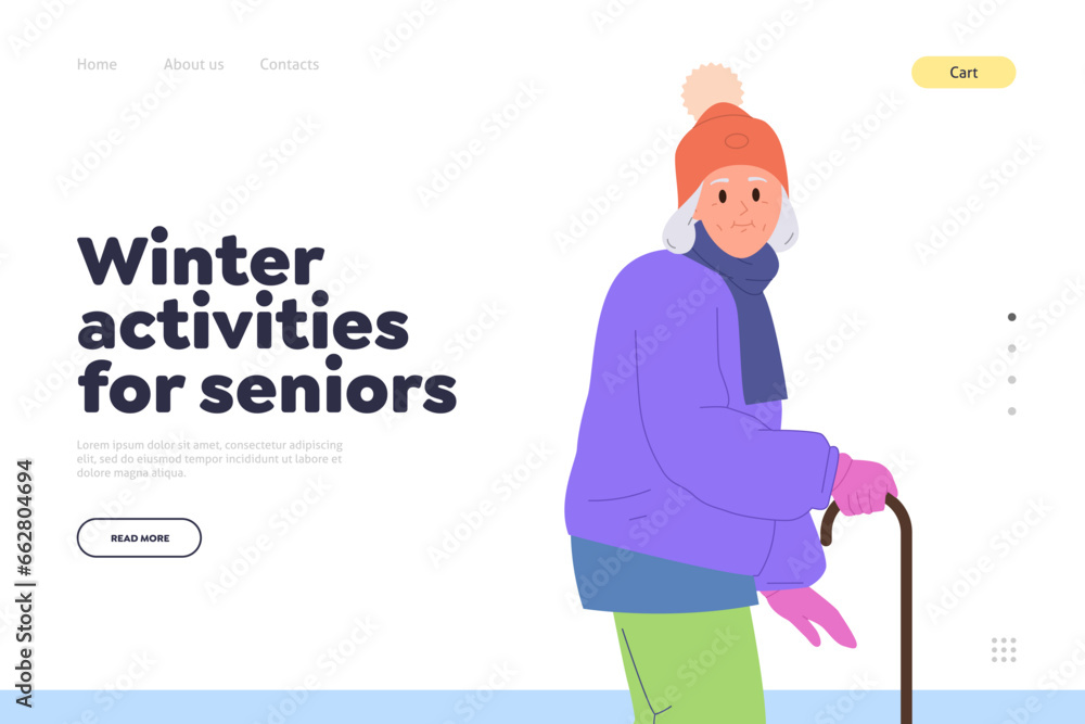 Landing page template offering winter activities for seniors, website with happy old woman design Landing page template offering winter activities for seniors, website with happy old woman design
