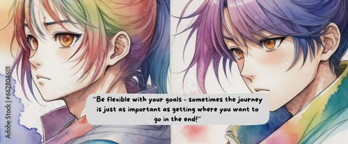 Journey to Empowerment: Anime-Inspired Watercolor Design with Motivational Quote