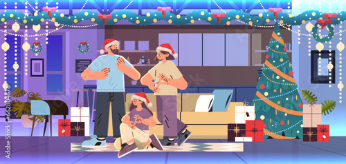 people with hearing aid disabled deaf mute family in santa claus hats communicate using sign language hearing disability