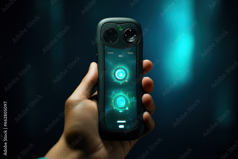 Hand pressing futuristic remote control Hand pressing futuristic remote control