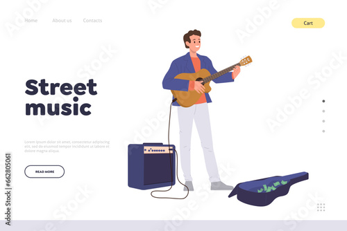 Street music landing page template with young talented man soloist singing playing guitar outdoors