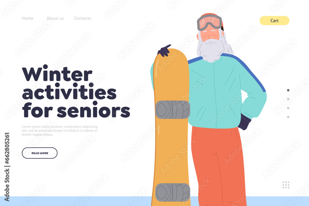 Winter activities for seniors promoting landing page template with old sportsman snowboarder design Winter activities for seniors promoting landing page template with old sportsman snowboarder design