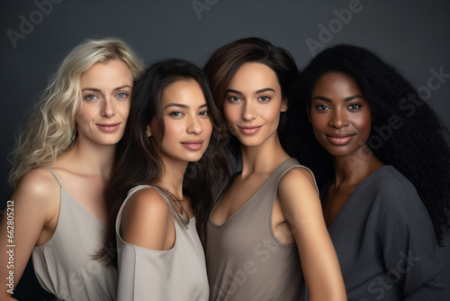 Beauty portrait of a diverse group of beautiful women smiling together against a grey studio background