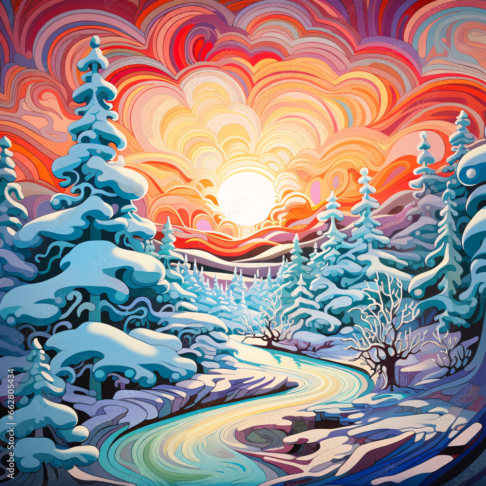 Psychedelic Winter Wonderland: Vivid Colors and Swirling Patterns Illuminate a Peaceful, Snow-Covered Landscape