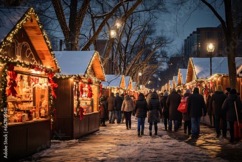 Enchanting Christmas Market in a Vibrant City with Twinkling Lights, Joyful Crowds, and Festively Adorned Stands