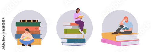 Young people bibliophiles, children student readers holding open textbooks round composition set