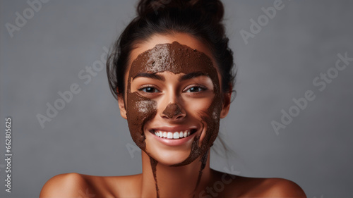 Portrait of beautiful young woman with chocolate face mask on grey background