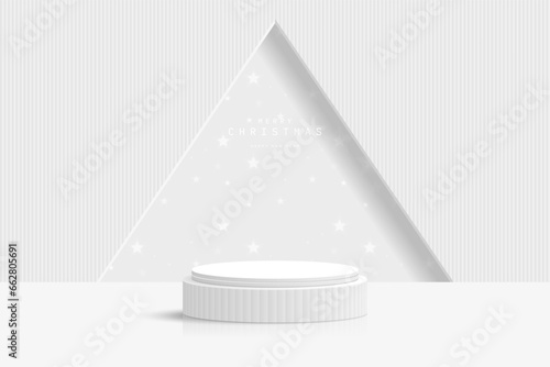 Abstract white 3D cylinder podium pedestal realistic with glowing star pattern or neon star light bulb in triangle window background. Christmas scene for product mockup. 3D stage for showcase.
