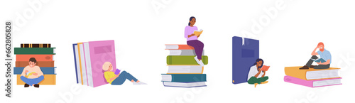 Young man and woman, children literature lovers reading nearby big books stack isolated set